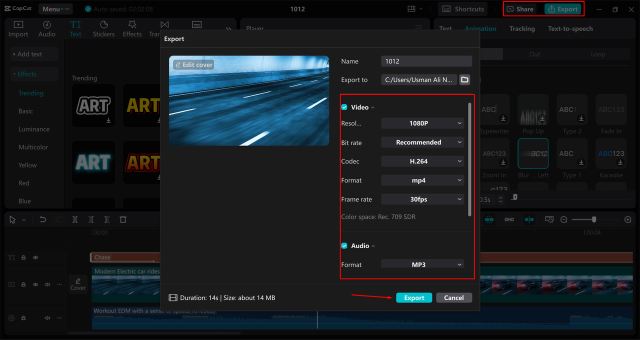 Exporting an edited video from the CapCut desktop video editor