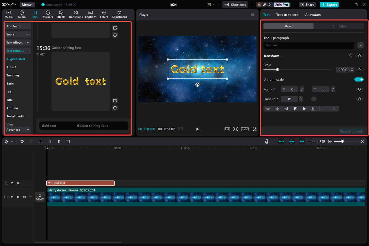 Adding and customizing the gold text in videos using the CapCut desktop video editor