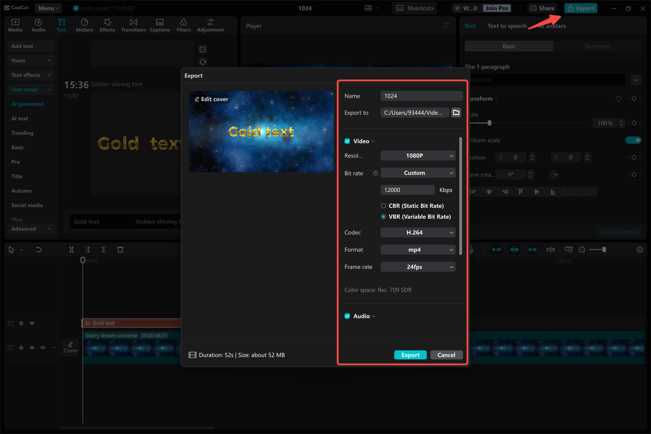 Exporting a video from the CapCut desktop video editor