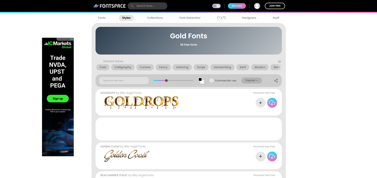 Interface of Fontspace - an online site for downloading gold text online