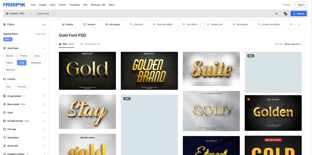 Interface of Freepik - another platform to get gold font PSD files