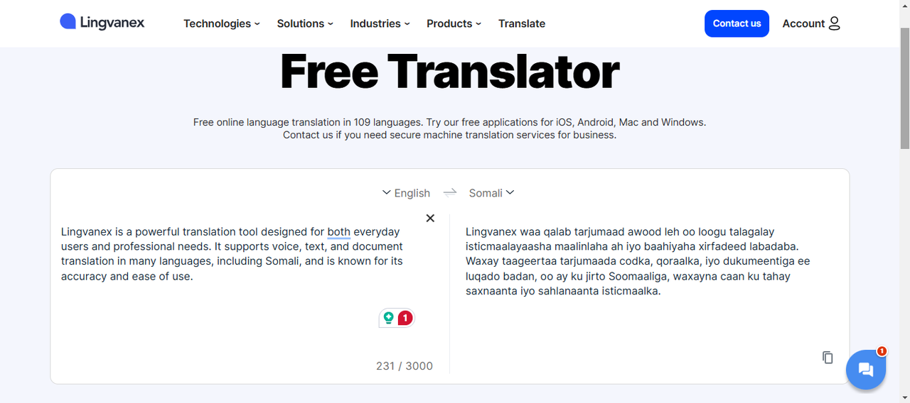 Interface of Lingvanex - the best tool for voice translation from English to Somali