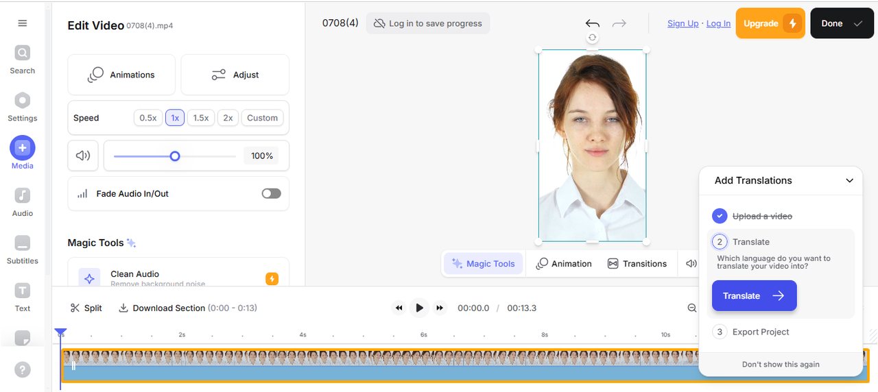 Interface of VEED.IO - the popular tool for translating voice from English to Somali 