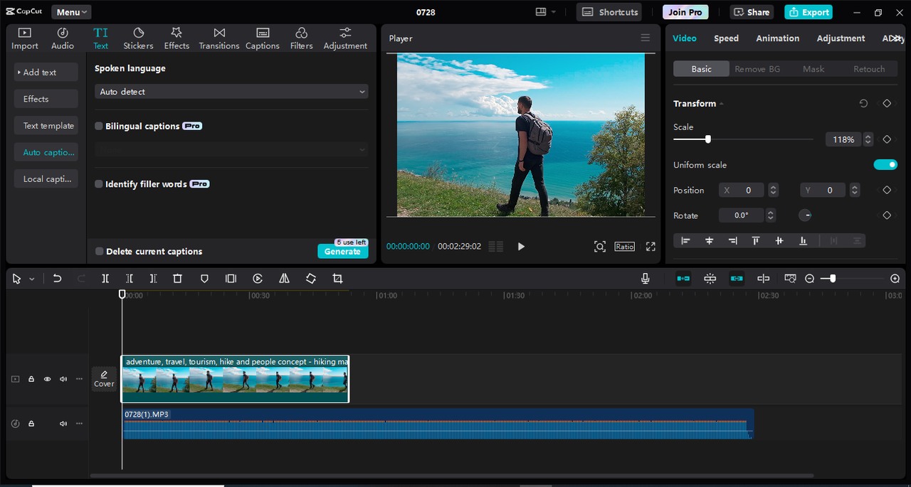Interface of the CapCut desktop video editor - the excellent tool to translate different languages 