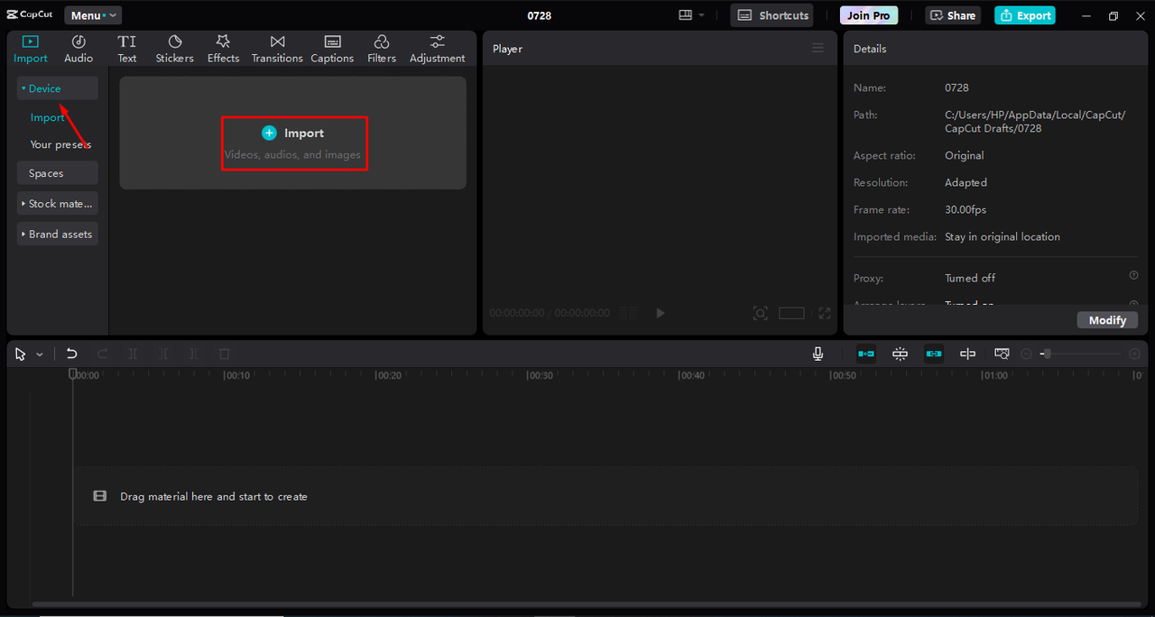 Uploading media to the CapCut desktop video editor 