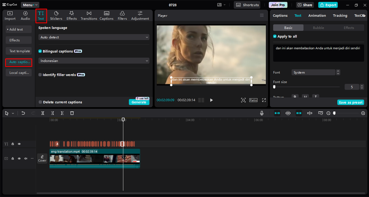 Generating auto-captions from video in CapCut desktop video editor