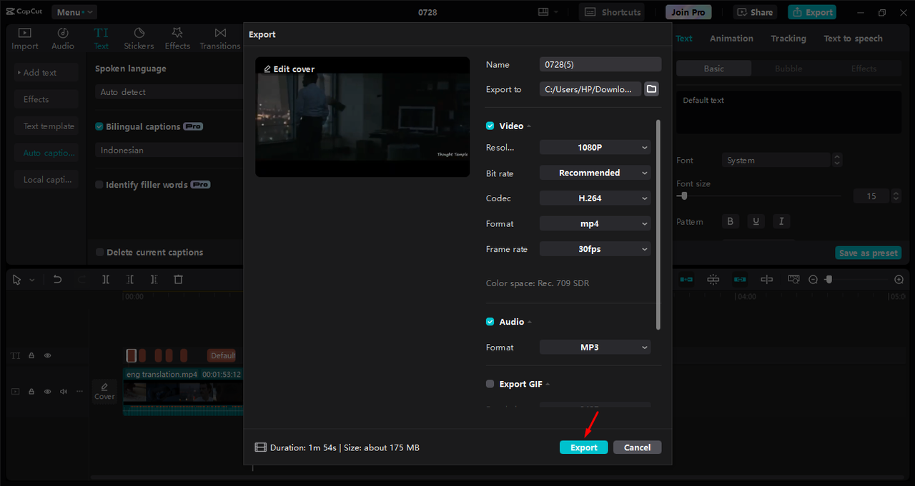 Exporting the video after incorporating captions in the CapCut desktop video editor 