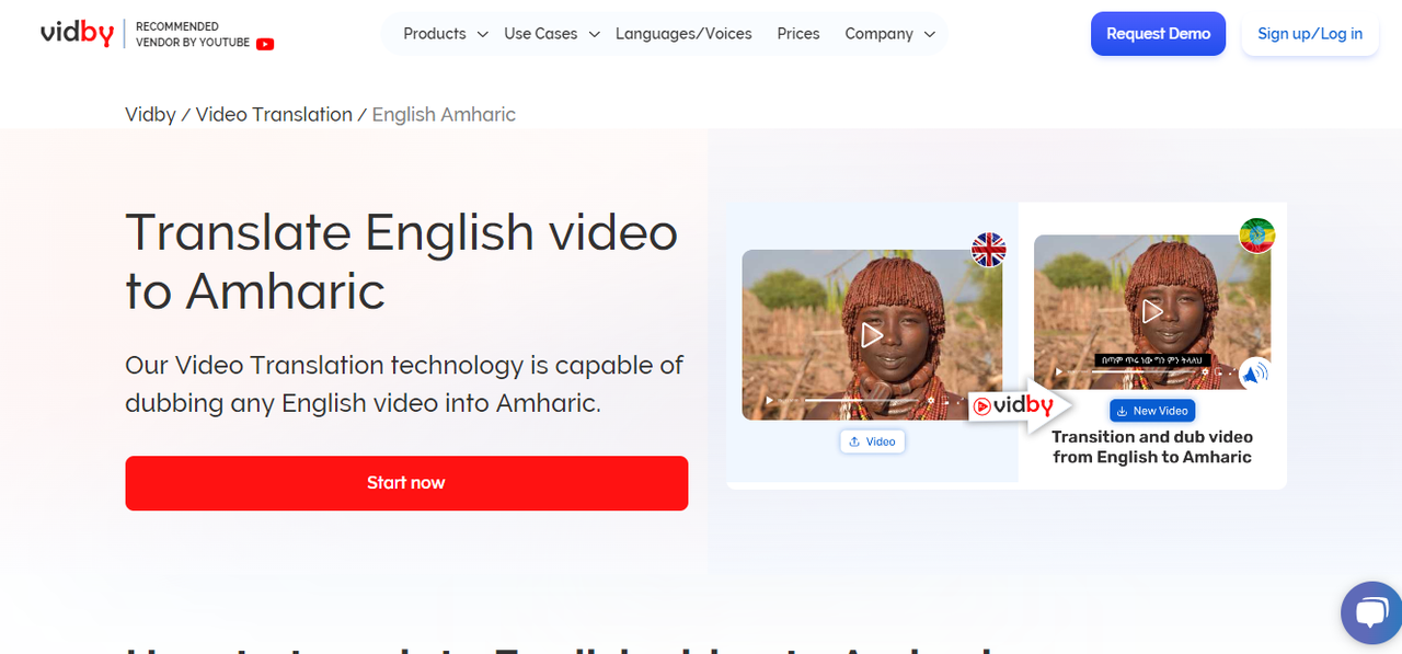 Interface of Vidby - a trusted platform for English to Amharic translation with sound