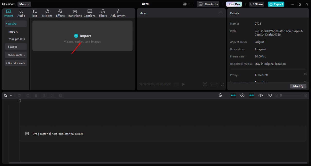 Uploading media in the CapCut desktop video editor