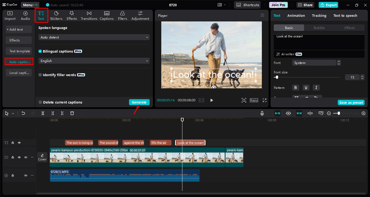 Generating and translating captions in the CapCut desktop video editor