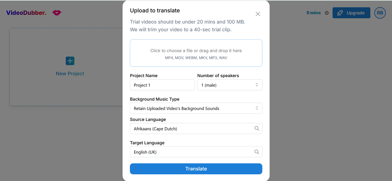 Interface of VideoDubber - a perfect platform to translate Afrikaans to English voice accurately