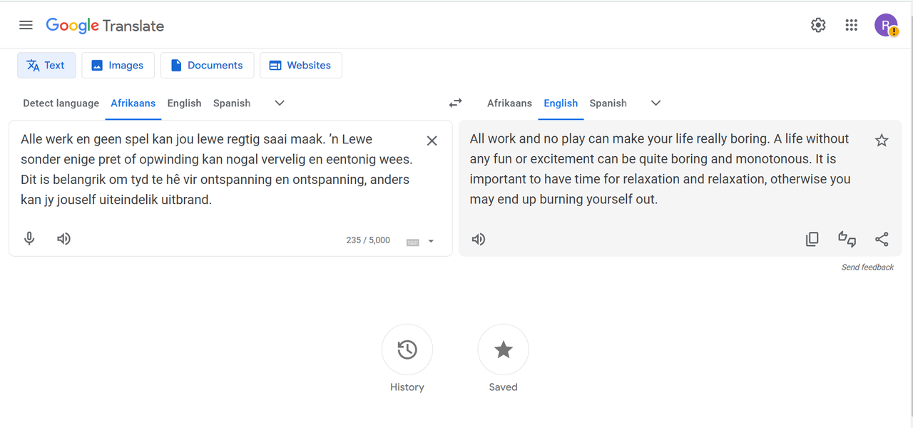 Interface showing how Google Translate Afrikaans to English voice