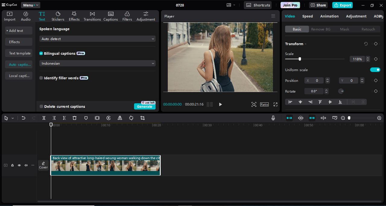 Editing interface of the CapCut desktop video editor - an easy-to-use tool to translate video subtitles