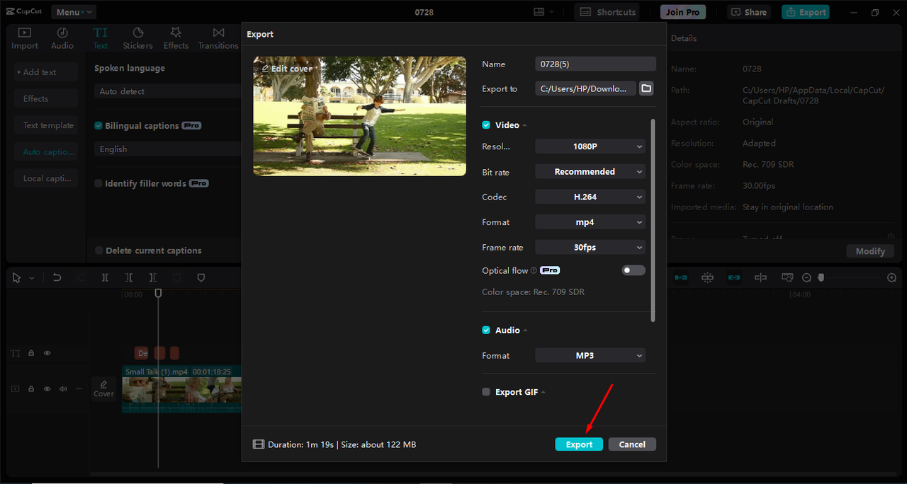 Exporting a video with subtitles from the CapCut desktop video editor