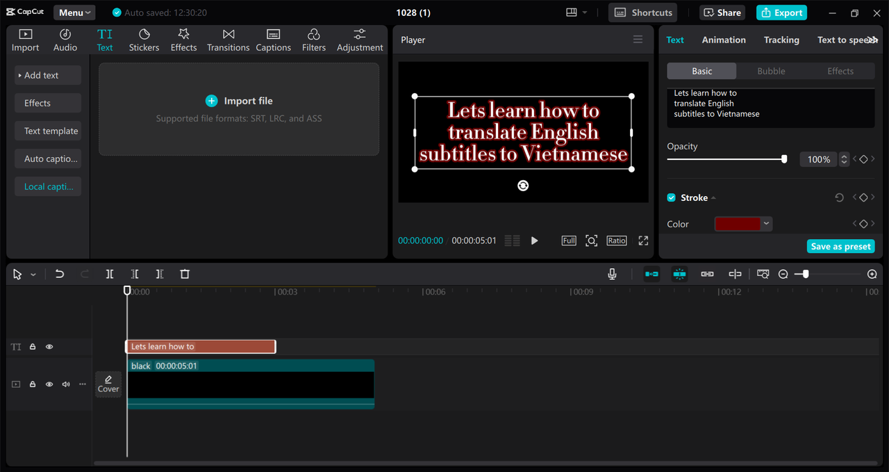Editing interface of CapCut desktop video editor - a perfect English to Vietnamese voice translator