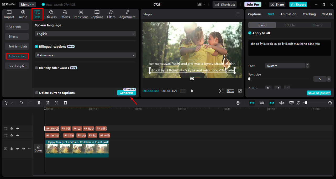 Translating subtitles from English to Vietnamese in the CapCut desktop video editor