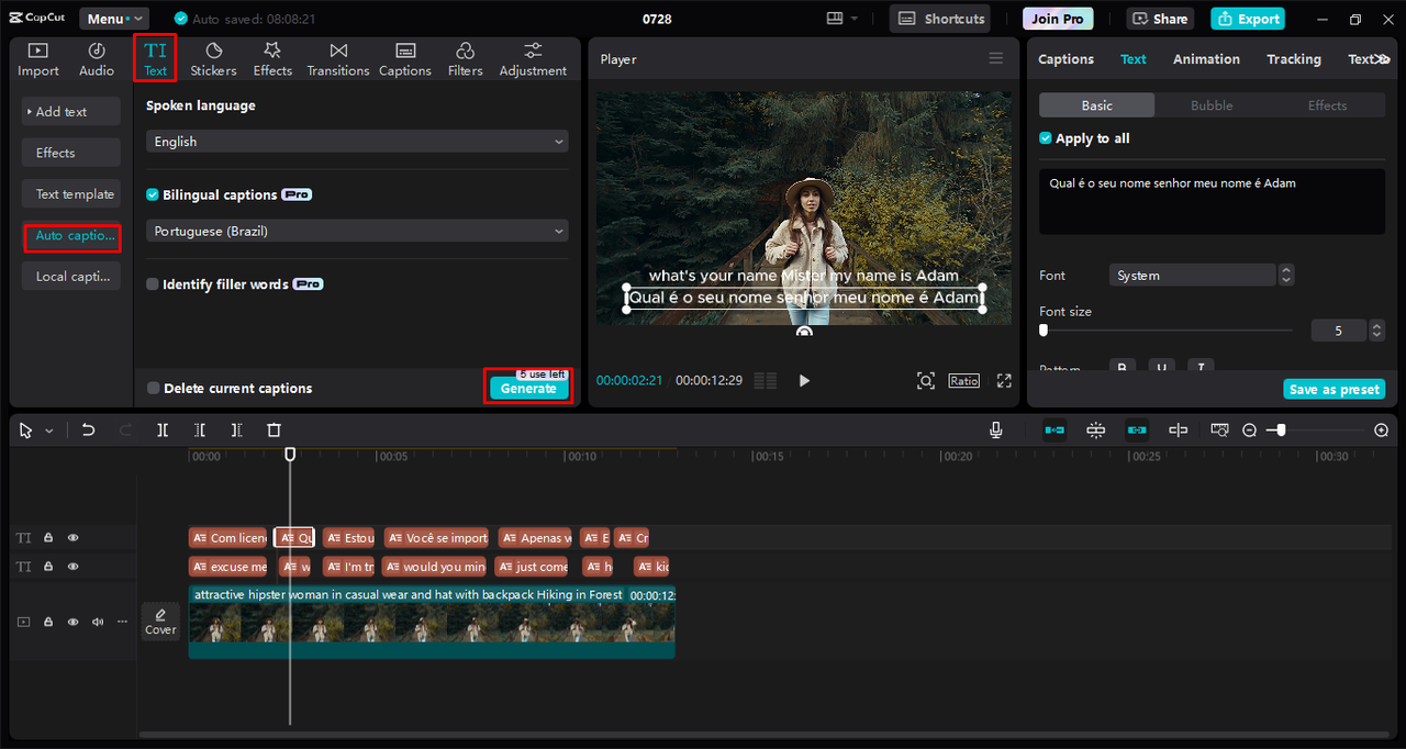 Adding and translating captions to video in the CapCut desktop video editor