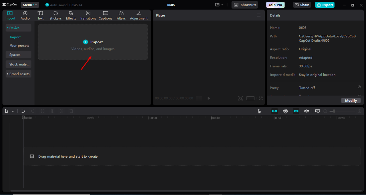 Uploading the video into the CapCut desktop video editor