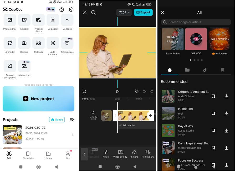 Interface of CapCut mobile app showing various features to edit your video 