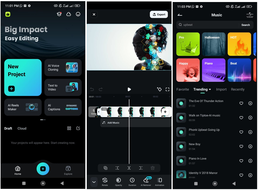 Interface of Filmora mobile app 