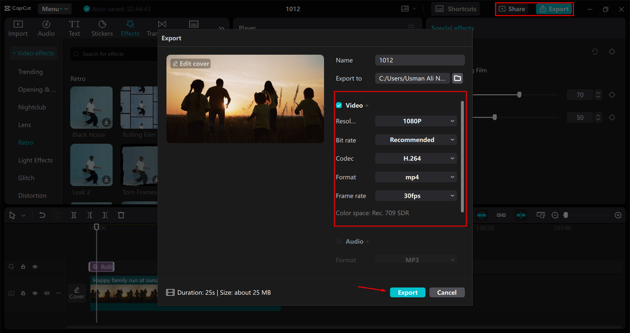 Exporting a video from the CapCut desktop video editor