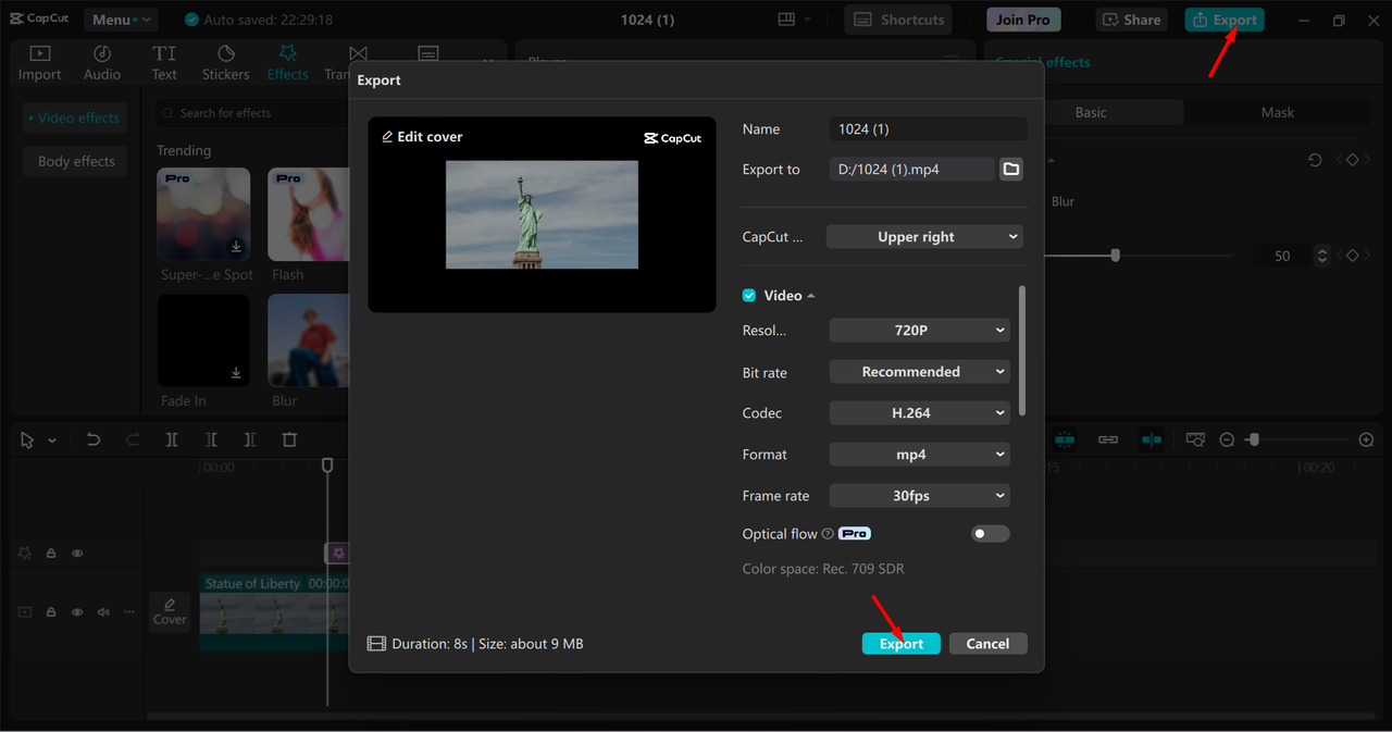 Exporting the video from the CapCut desktop video editor