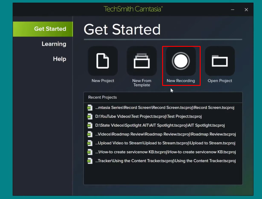 Accessing the recording option in Camtasia studio software