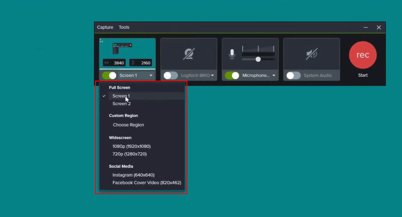 Selecting the recording area to capture video in Camtasia 