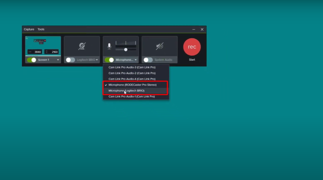 Pre-record setting in the Camtasia video editing software