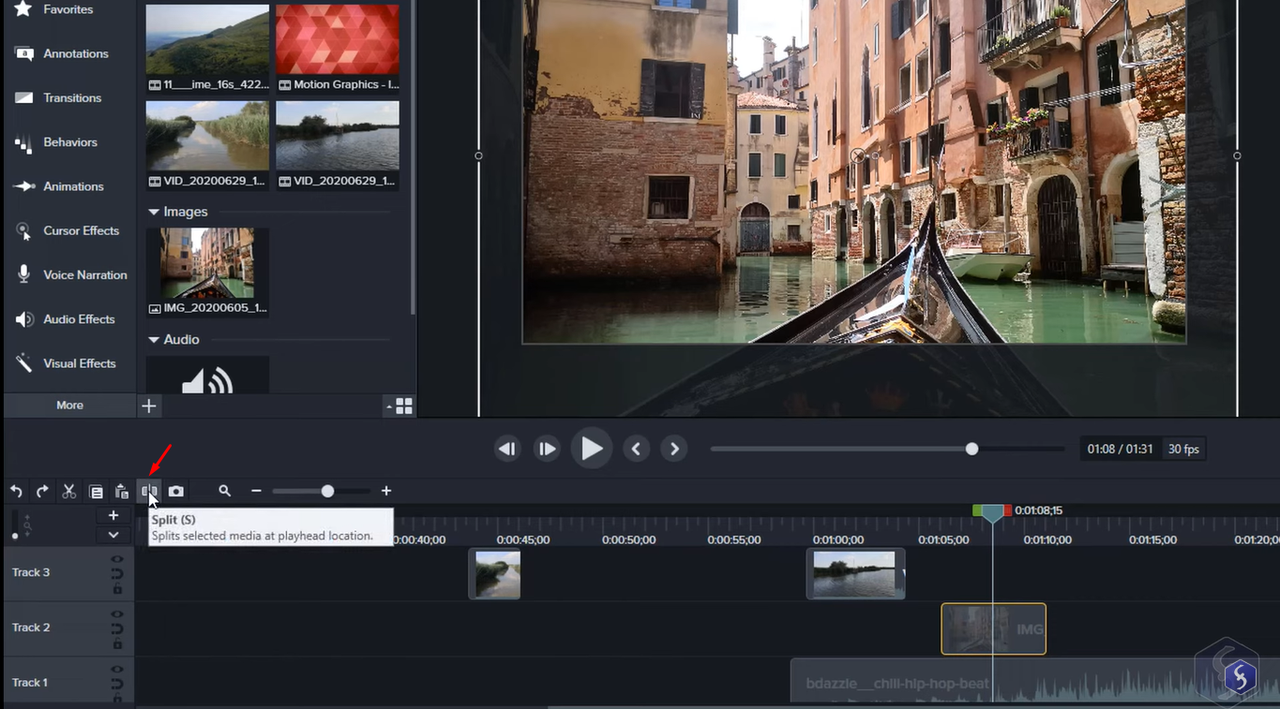 Using Camtasia's trim and split tools to edit video clips