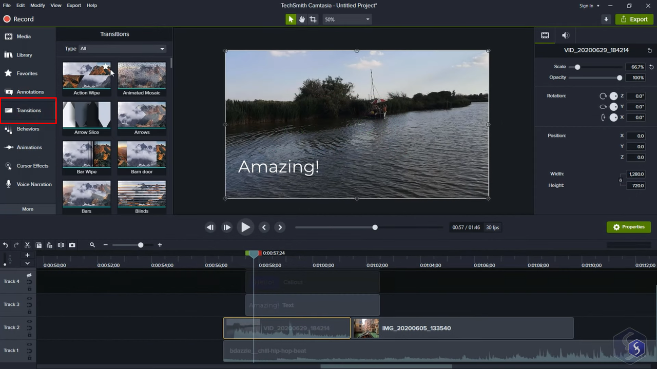 Adding transitions and animations in Camtasia to enhance video content