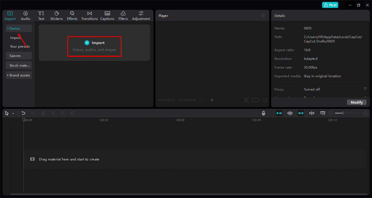 Uploading the screen recording to the CapCut desktop video editor 
