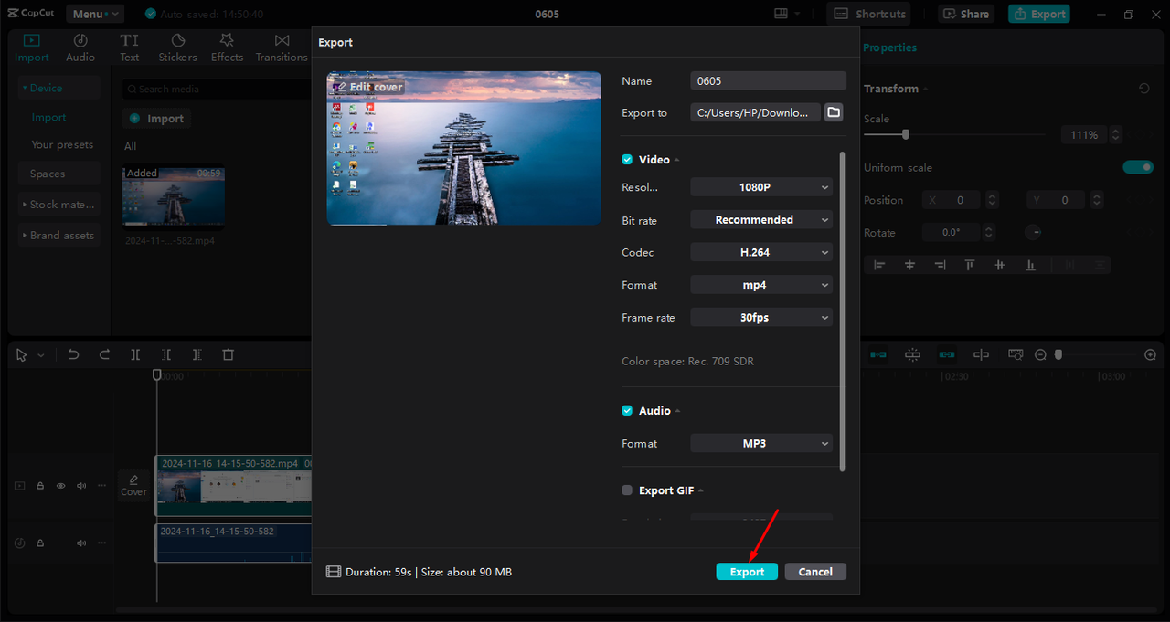 Exporting video after editing in the CapCut desktop video editor