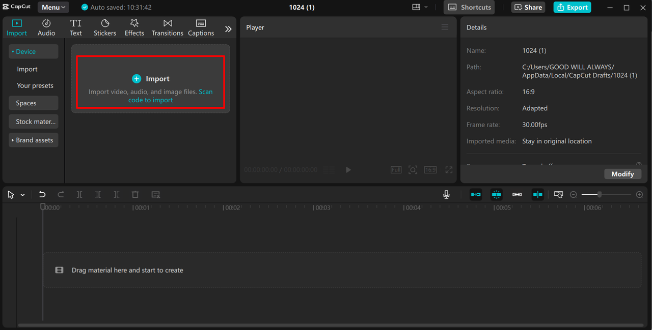 Uploading video in the CapCut desktop video editor