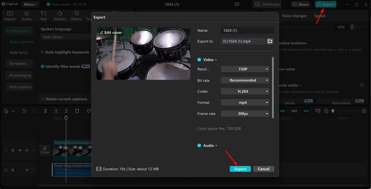 Exporting a screen recording from the CapCut desktop video editor