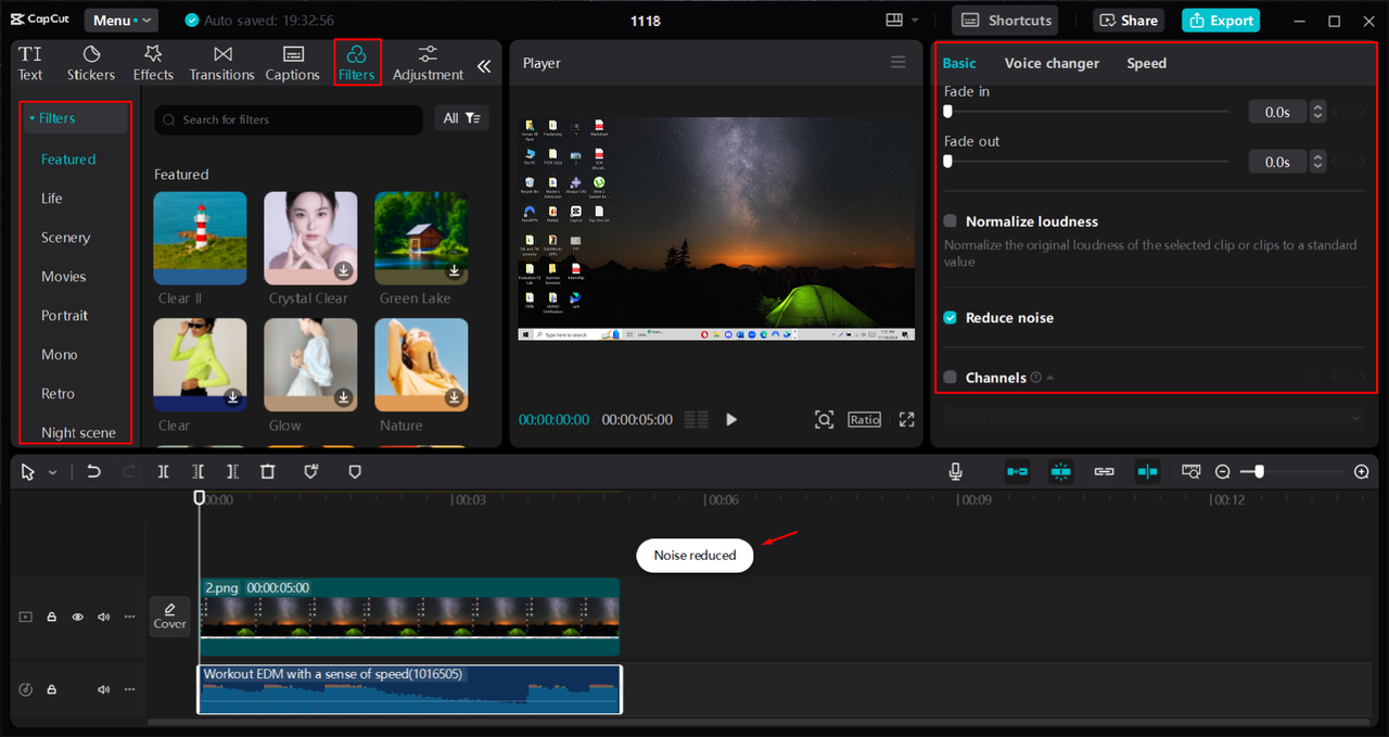 Reducing noise and adding filters to screen recordings in the CapCut desktop video editor