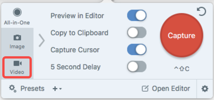 Opening the video capture tool in the Snagit software