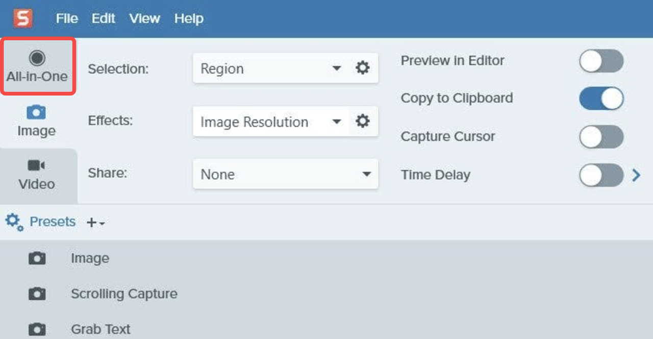 Accessing the All-in-One tab in the Snagit software