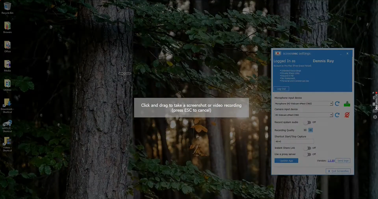 Interface of ScreenRec - a simple and easy-to-use Snagit alternative