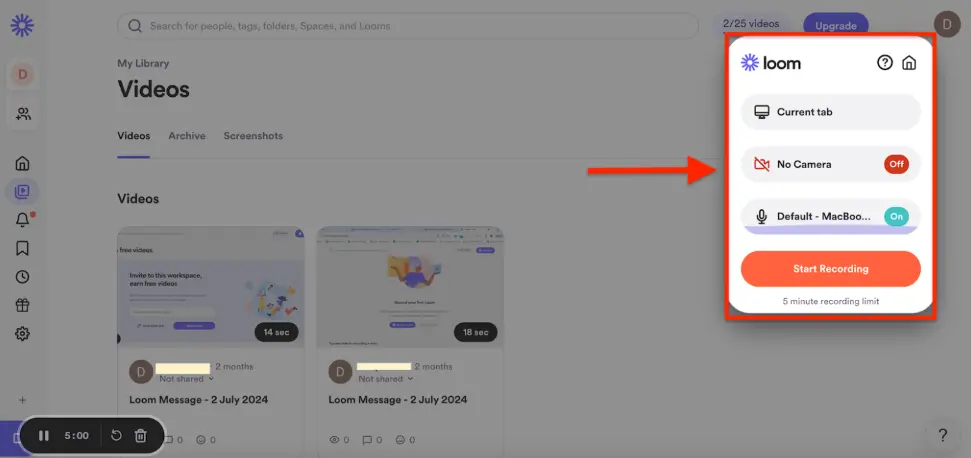 Choosing a specific area for recording with Loom