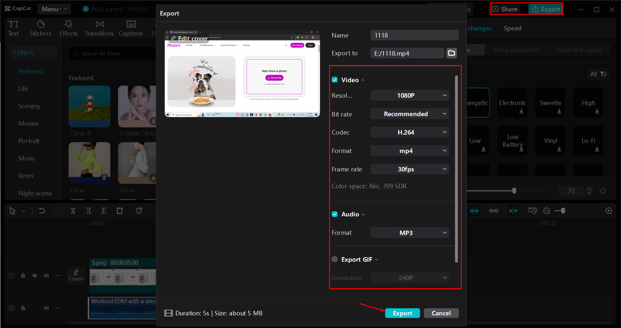 Exporting an edited video from the CapCut desktop video editor