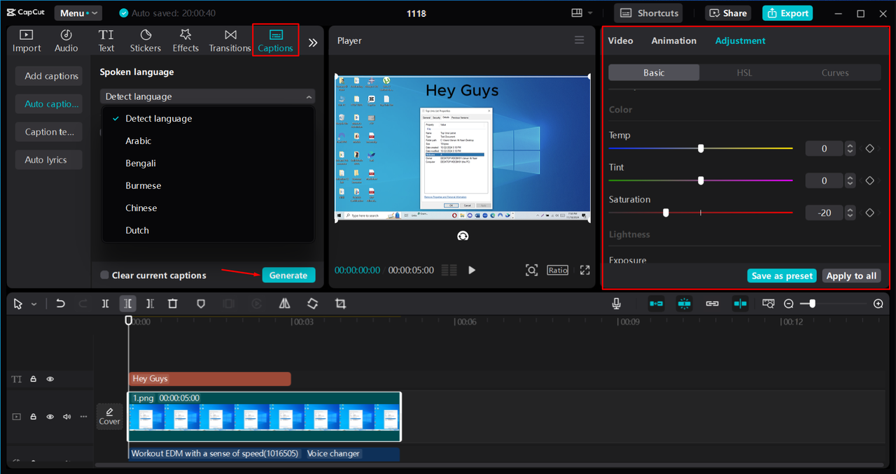 Editing and enhancing the screen recordings in the CapCut desktop video editor