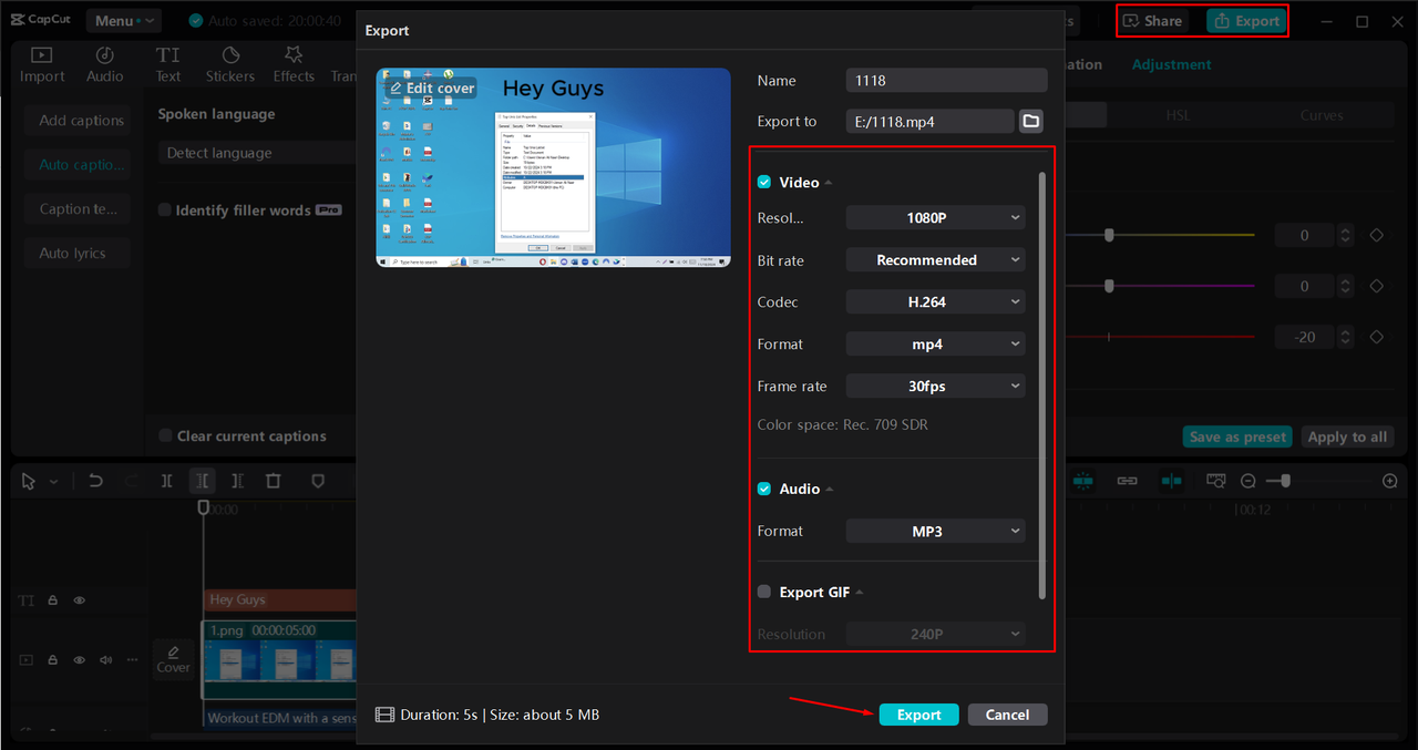 Exporting a video from the CapCut desktop video editor