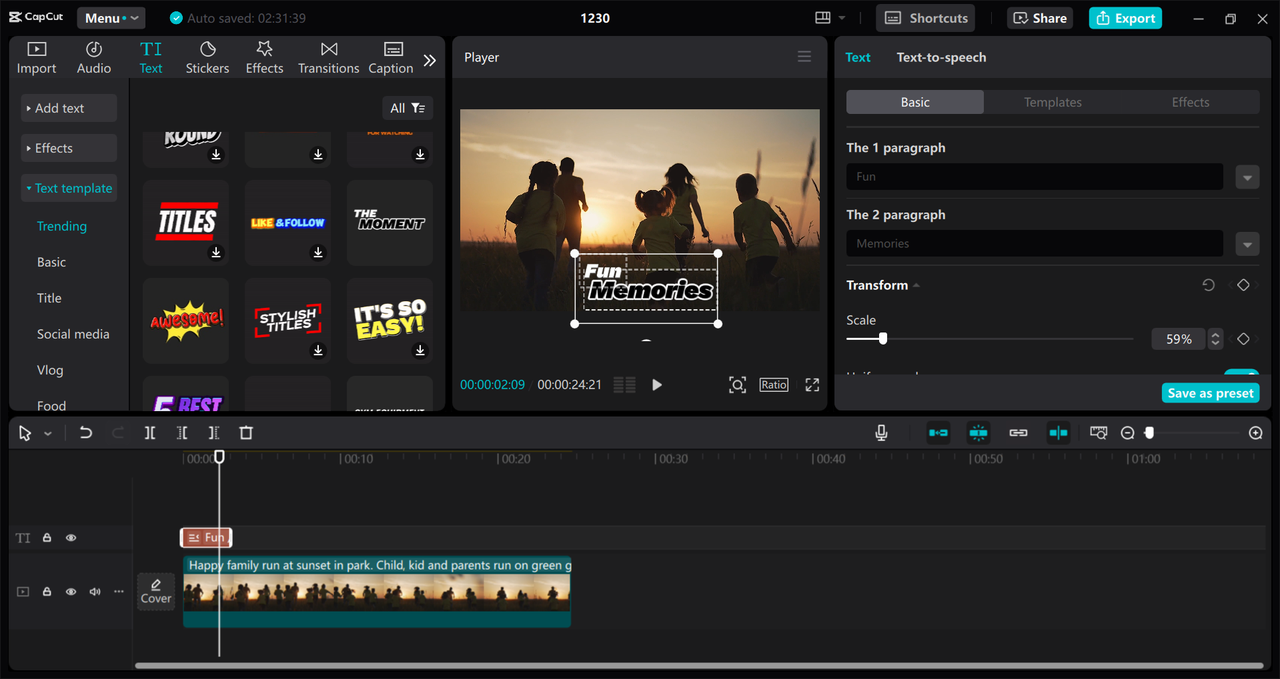 Interface of the CapCut desktop video editor - an easy-to-use bubble text generator for PC
