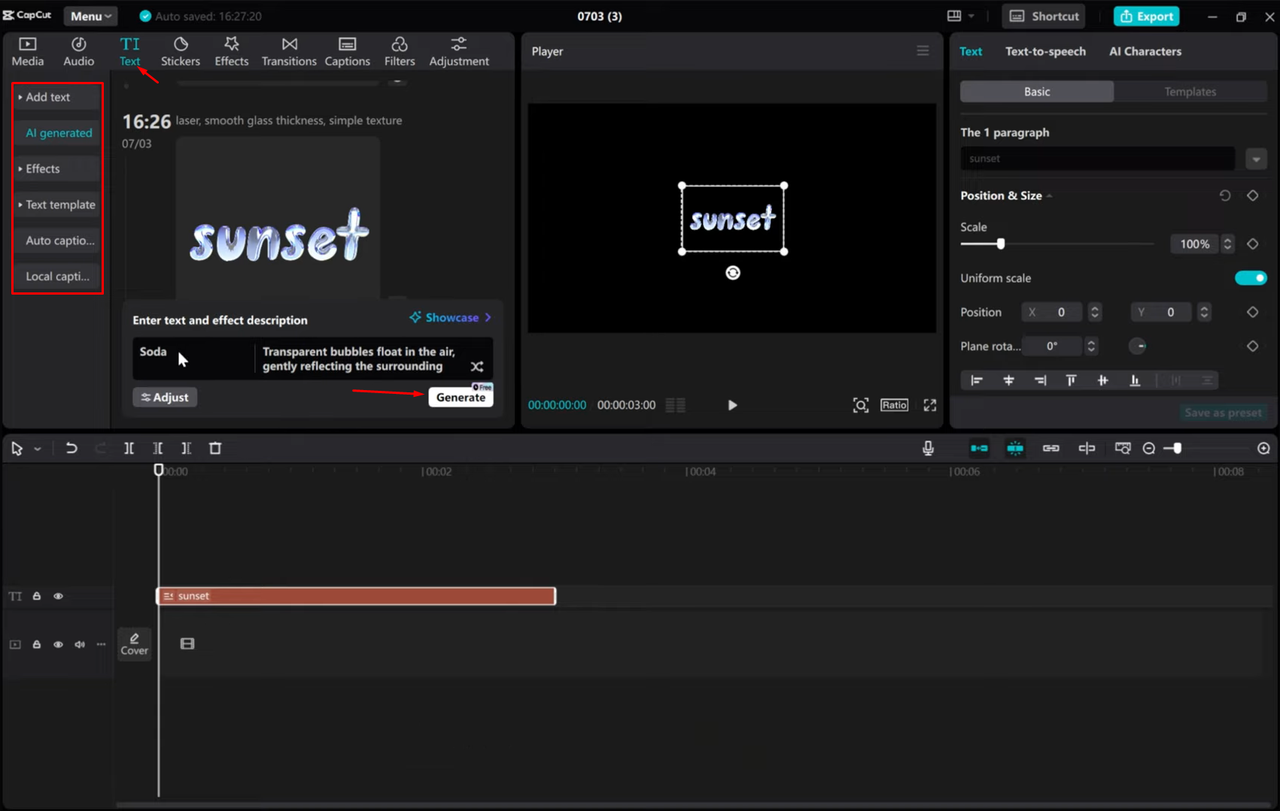 Generating bubble text fonts in the CapCut desktop video editor