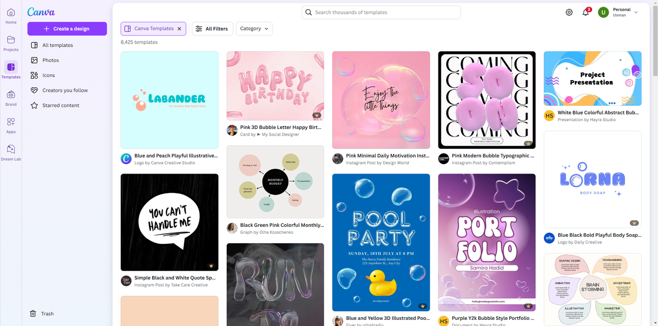 Interface of Canva - the best bubble text generator