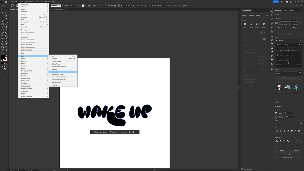 Interface of Adobe Illustrator - the perfect bubble writing font generator
