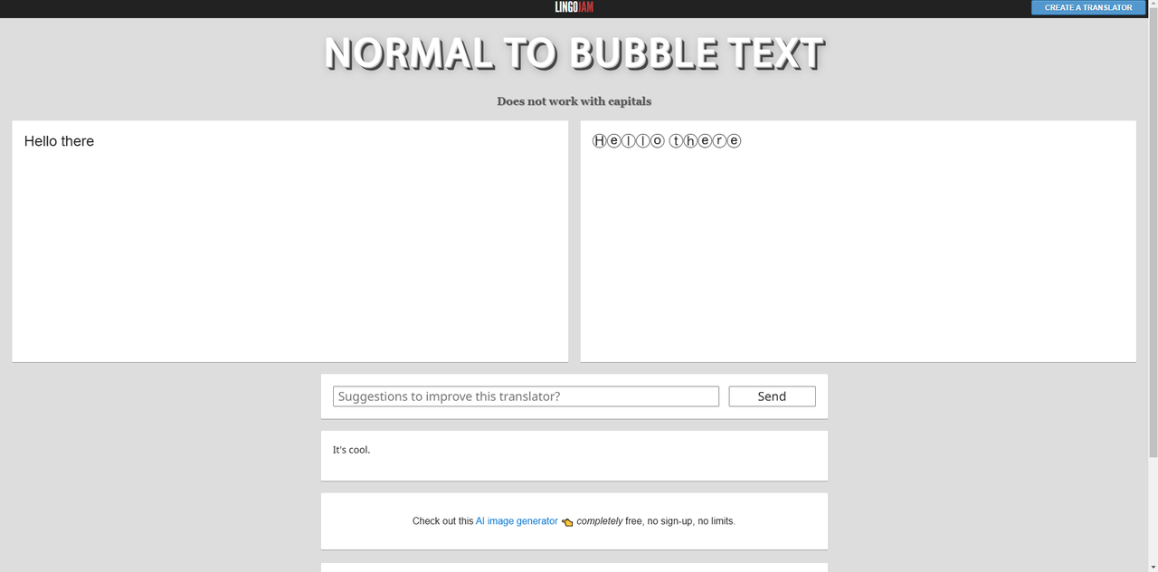Interface of LingoJam - an easy-to-use online bubble letter generator 