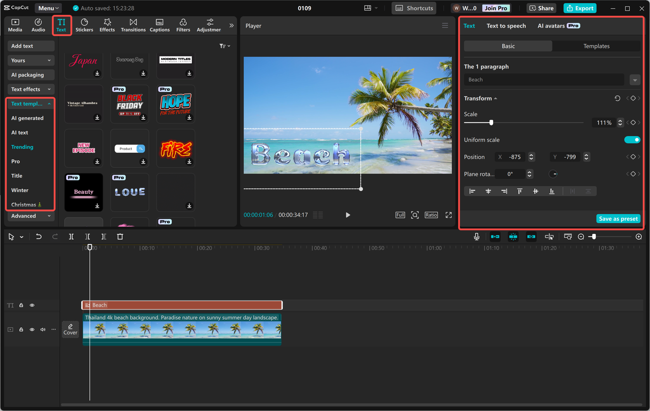 Adding a balloon font text to a video in the CapCut desktop video editor