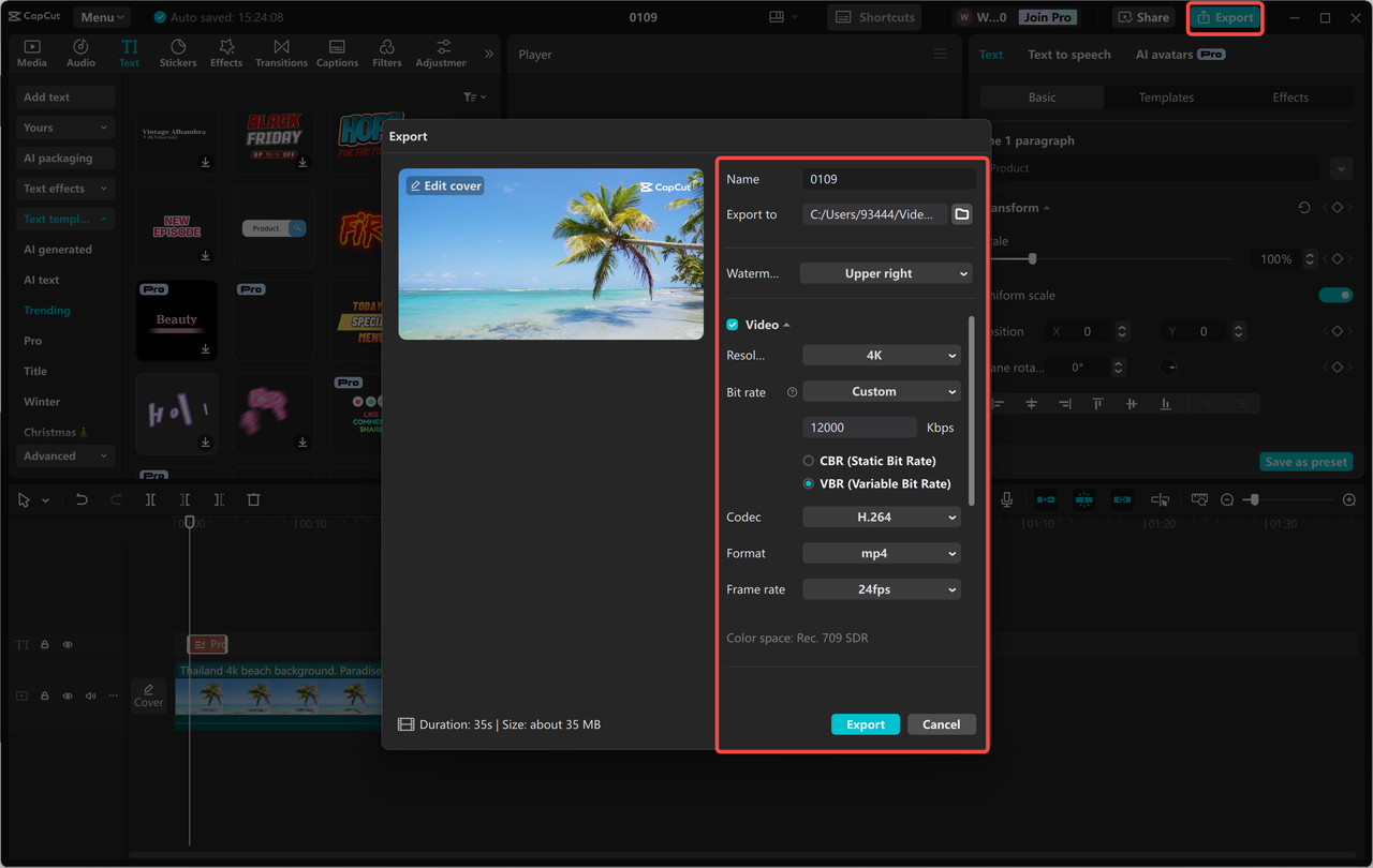 Exporting a video from the CapCut desktop video editor